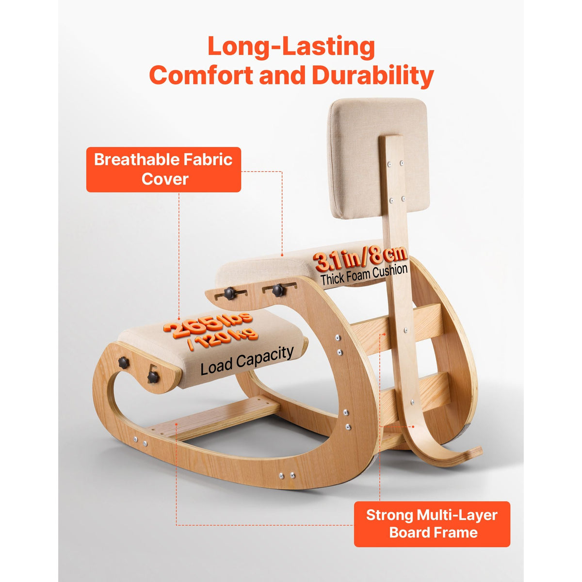 Ergonomic Kneeling Chair, Wooden Posture Knee Chair with Adjustable Thick Foam Cushions, Backrest and Wood Frame, Adjustable Height, Relief for Neck or Back Pain for Home, Office or Meditation