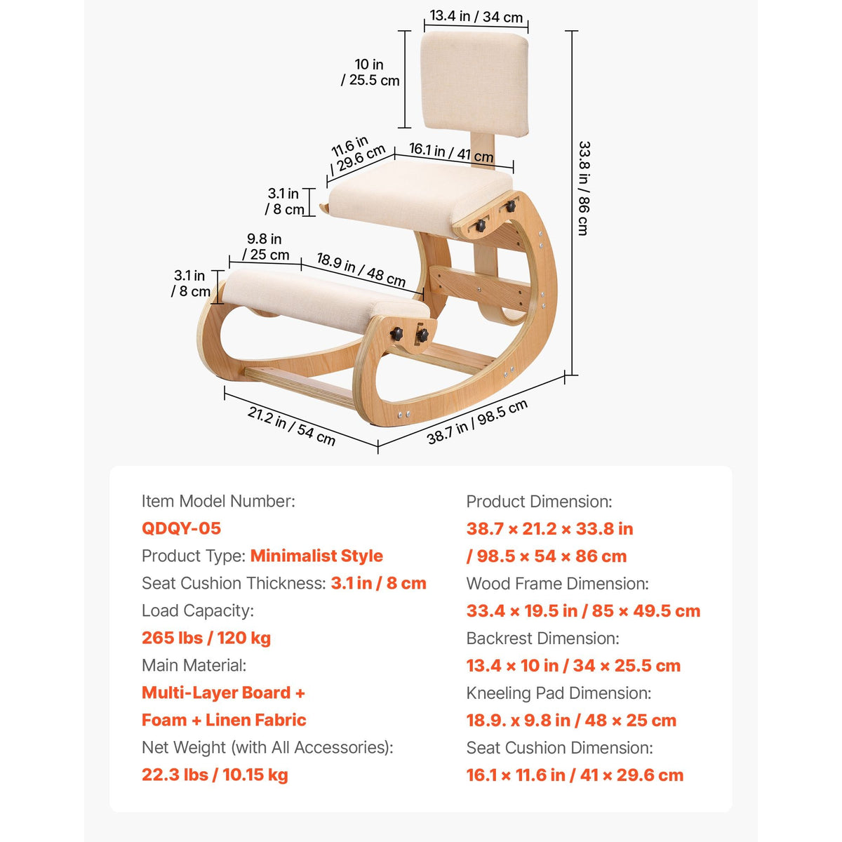 Ergonomic Kneeling Chair, Wooden Posture Knee Chair with Adjustable Thick Foam Cushions, Backrest and Wood Frame, Adjustable Height, Relief for Neck or Back Pain for Home, Office or Meditation