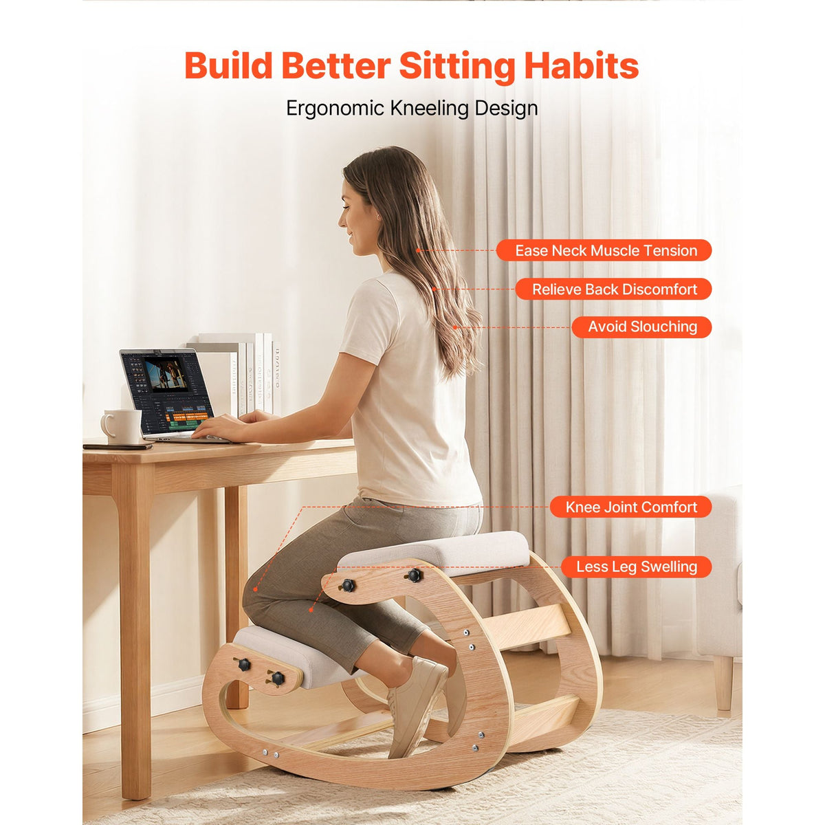 Ergonomic Kneeling Chair, Wooden Posture Knee Chair with Adjustable Thick Foam Cushions & Solid Wood Frame, Adjustable Height, Relief for Neck or Back Pain for Home, Office or Meditation, Beige