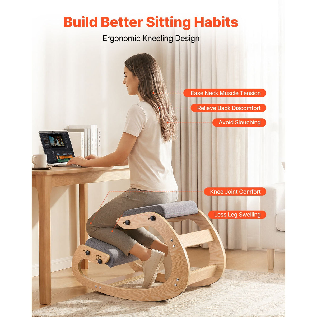 Ergonomic Kneeling Chair, Wooden Posture Knee Chair with Adjustable Thick Foam Cushions & Solid Wood Frame, Adjustable Height, Relief for Neck or Back Pain for Home, Office or Meditation, Gray