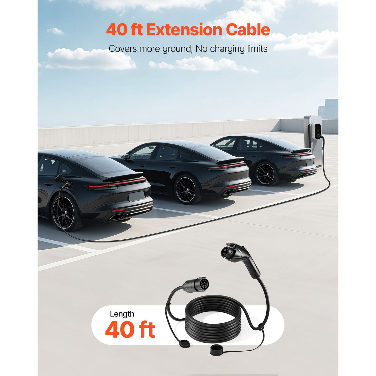 EV Charger Extension Cable, 40Amp 40 ft J1772 Extension Cord Compatible with 120V-240V SAE J1772 Electric Vehicle Chargers, Level 1/Level 2 IP66 Heavy Duty Car Charging Cable with Carrying Bag