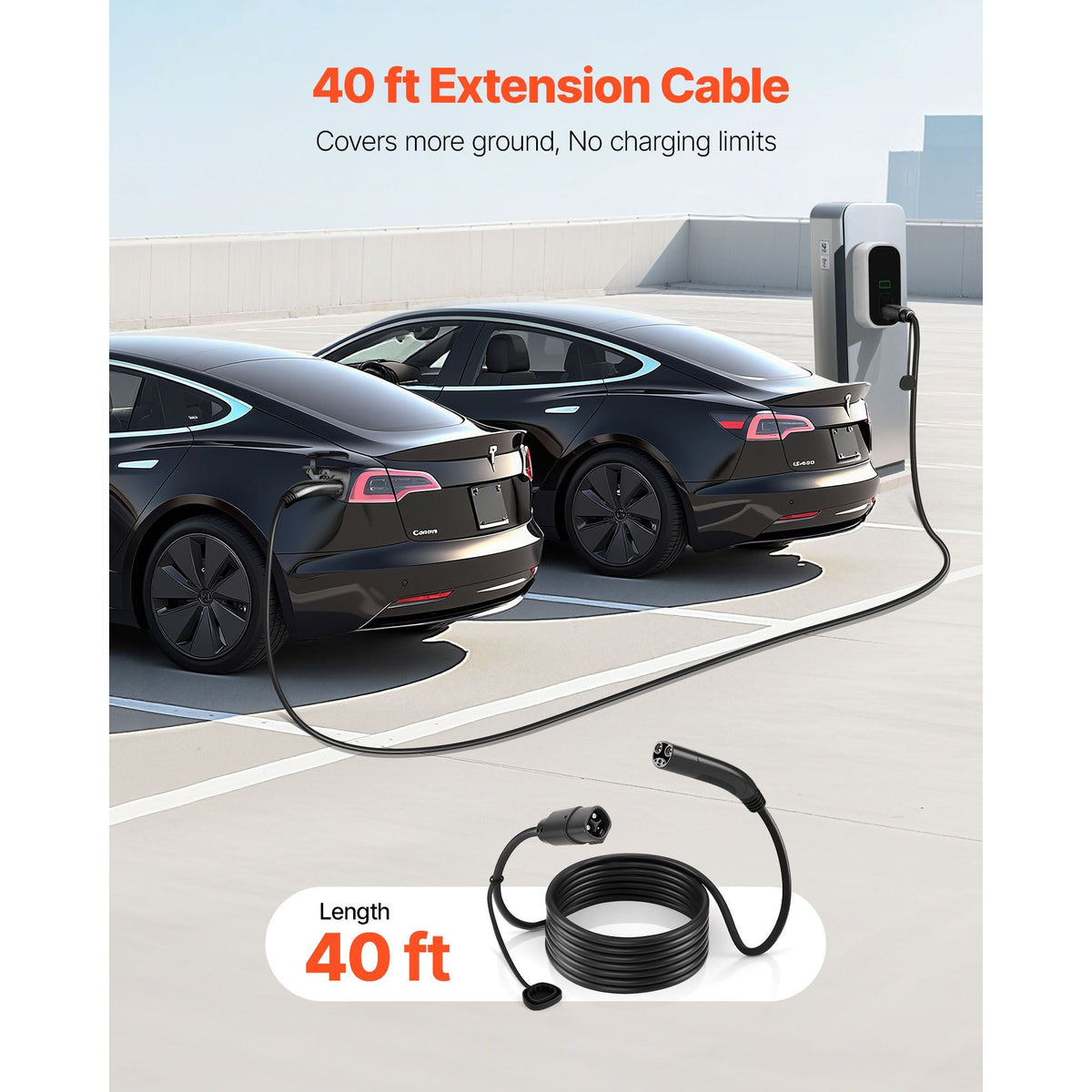 EV Charger Extension Cable for Tesla, 48Amp 40 ft Max 240V 11.52 kW with NACS Plug, EV Extension Cord for Level 1/2 Tesla Mobile/Wall Connector/Destination Charger, Model Y/X/3/S, Carrying Bag