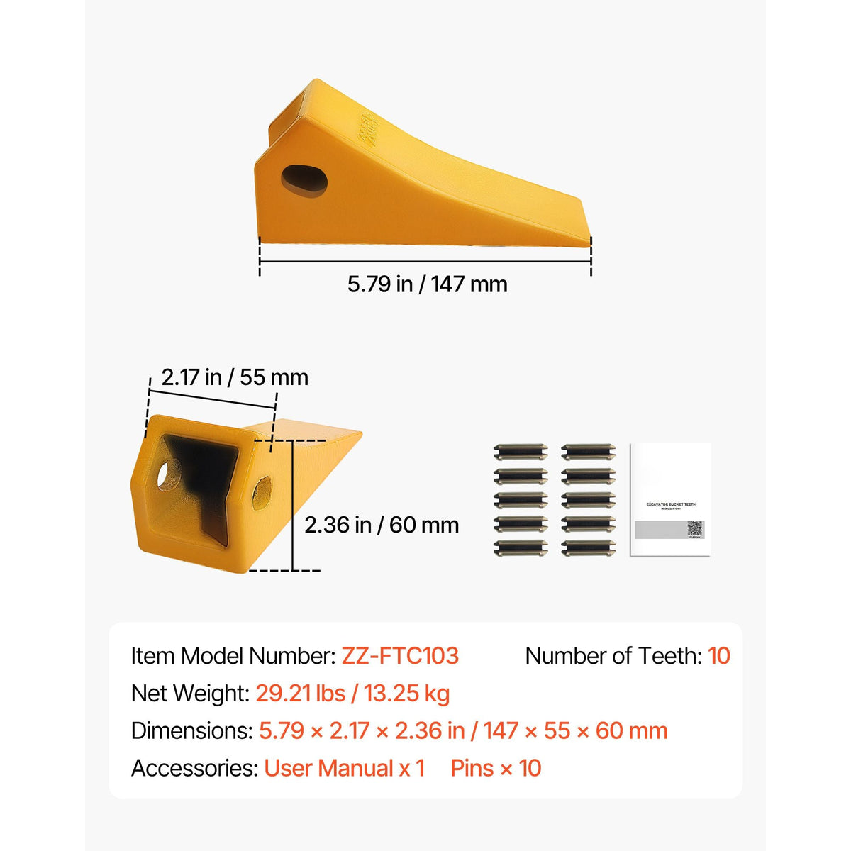 Excavator Bucket Teeth with Pins, 10 Pack 5.79 in Bucket Tooth Set Compatible with 23 & 230 Series Excavators, Heavy Duty Bolt on Digging Buckets Teeth for Skid Steer & Mini Excavators