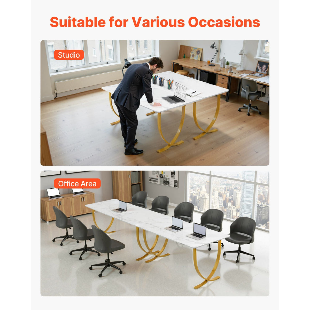 Executive Desk, 63" W x 31.5" D Large Office Desk, Modern Computer Table Conference Meeting Room Table, Business Furniture Enlarged Desktop for Home Office, White and Gold