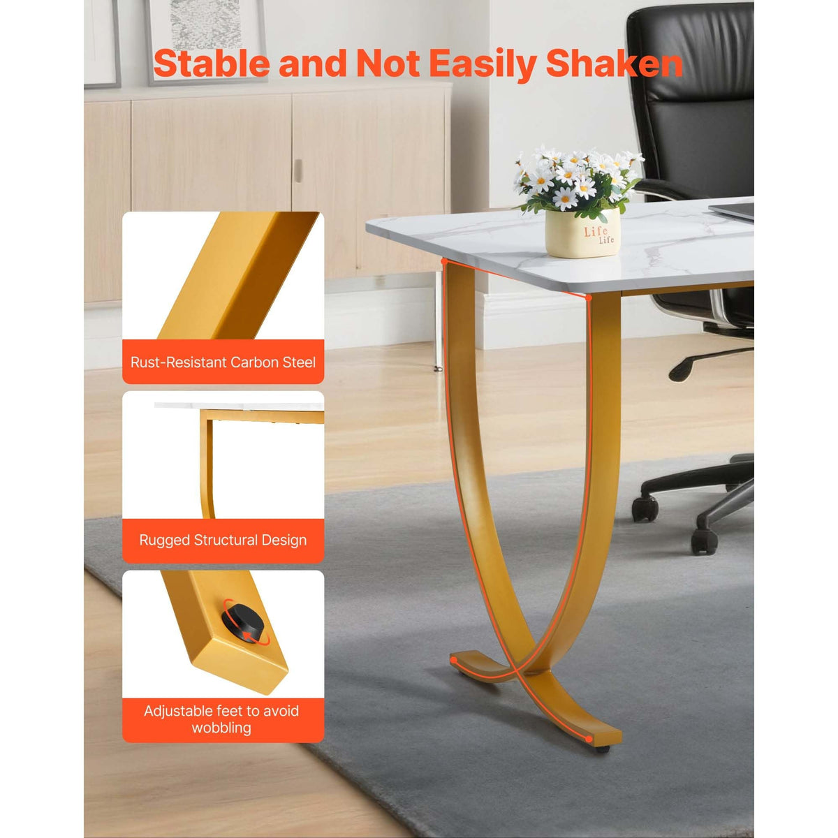 Executive Desk, 63" W x 31.5" D Large Office Desk, Modern Computer Table Conference Meeting Room Table, Business Furniture Enlarged Desktop for Home Office, White and Gold
