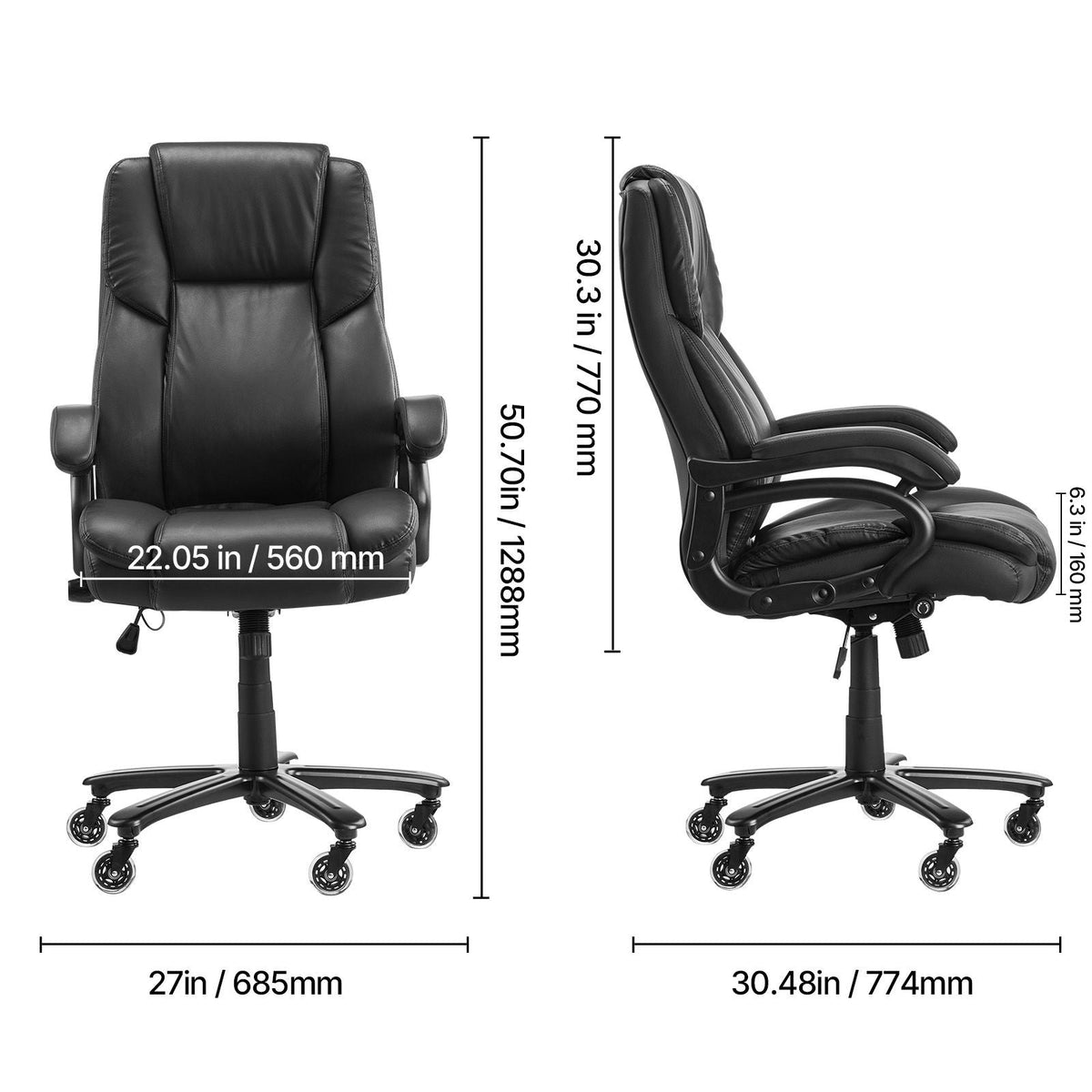 Executive Office Chair with Knob-Control Lumbar Support, 500lb Capacity Office Chair, Heavy Duty Ergonomic Chair, Height Adjustable PU Leather Reclining Home Office Desk Chairs, Black