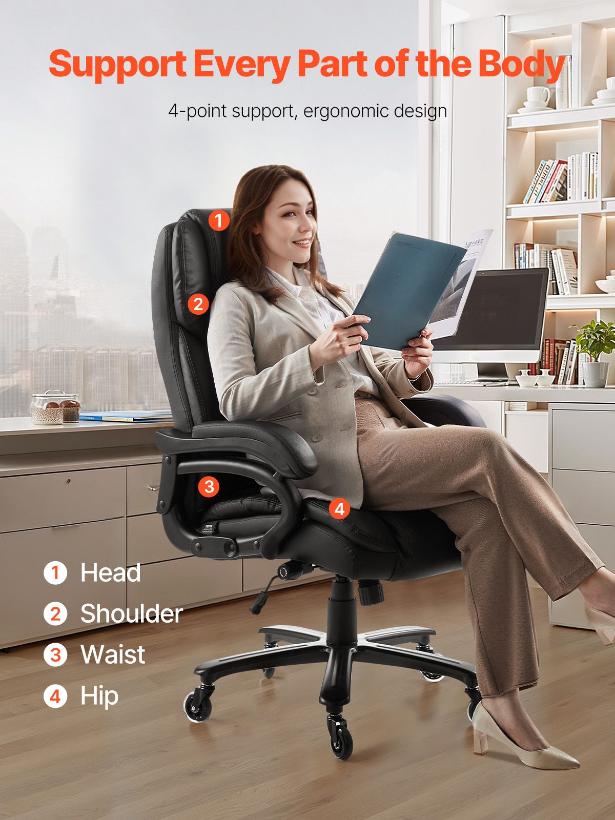 Executive Office Chair with Knob-Control Lumbar Support, 500lb Capacity Office Chair, Heavy Duty Ergonomic Chair, Height Adjustable PU Leather Reclining Home Office Desk Chairs, Black