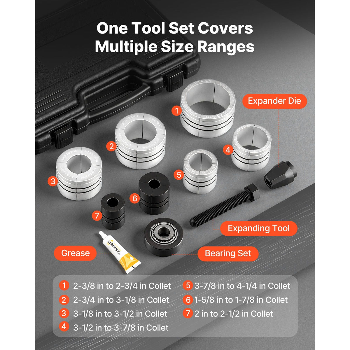 Exhaust Pipe Expander Tool Kit, 1-5/8" to 4-1/4" Exhaust Pipe Stretcher, Muffler Pipes Spreader with 7 Heavy-Duty Collects & Storage Case, Automotive Car Tool Kit for Tailpipes Tubes