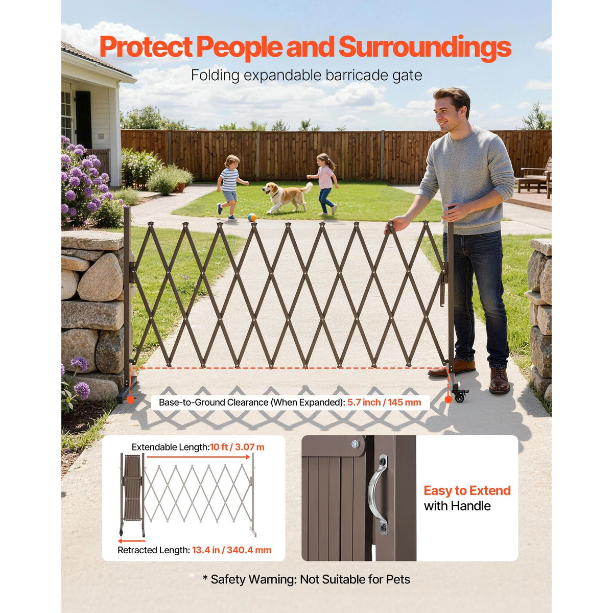 Expandable Barricade, 10FT Expandable Safety Barrier, Flexible Mobile Barricade with Locking Casters, Portable Folding Security Gate Metal Traffic Fence for Patio Garden Stairway