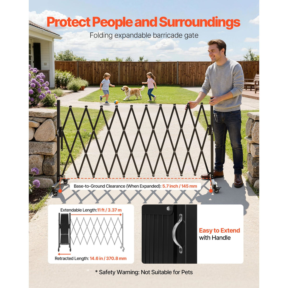Expandable Barricade, 11FT Expandable Safety Barrier, Flexible Mobile Barricade with Locking Casters, Portable Folding Security Gate Metal Traffic Fence for Patio Garden Stairway