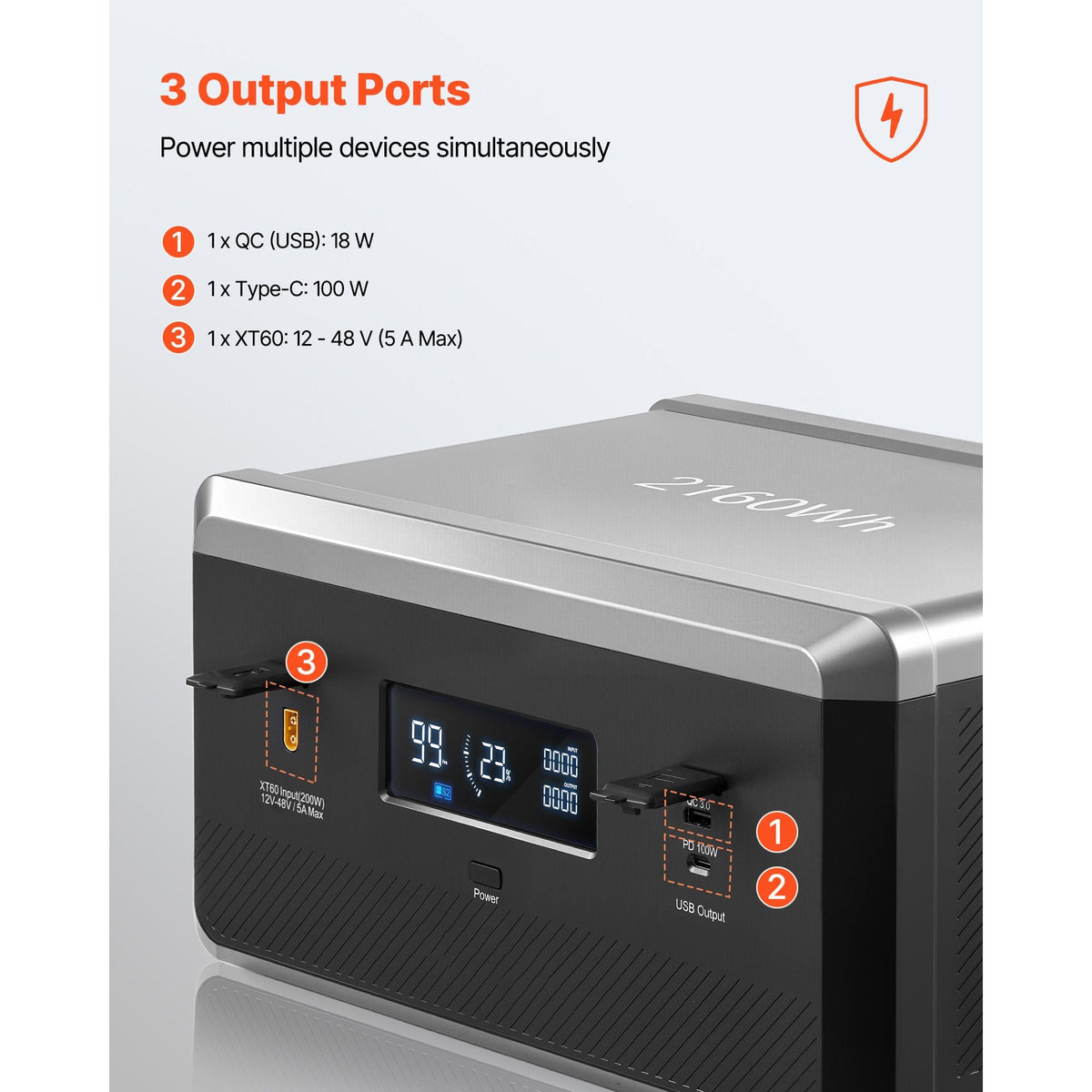 Extra Battery for Portable Power Station, 2160Wh LiFePO4 Extra Expansion Battery with 3 Output Ports for Home Use, Outdoor Camping, Road Trips, RVs, Emergencies