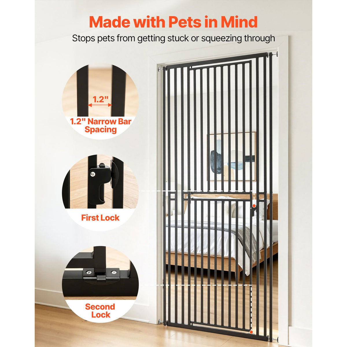 Extra Tall Pet Gate for Cats, 28-34 in Adjustable Width, 78.7 in High Dog Gate, with Pressure Mount Kit and Wall Mount Kit, 1.2 in Narrow Bar Spacing, for Stairs, Doorways, and House, Black