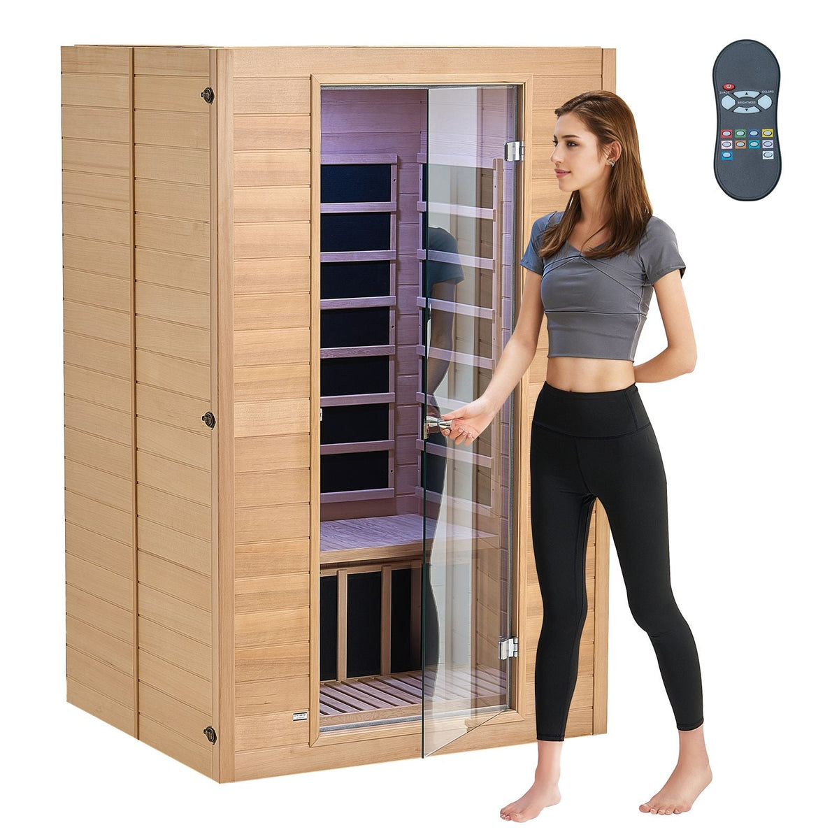 Far Infrared Wooden Sauna, Room Home Sauna Spa for 2 Person, Low EMF Far Infrared Hemlock Wood Saunas with Tempered Glass Door & 2 Bluetooth Speakers, 1800W Indoor Use