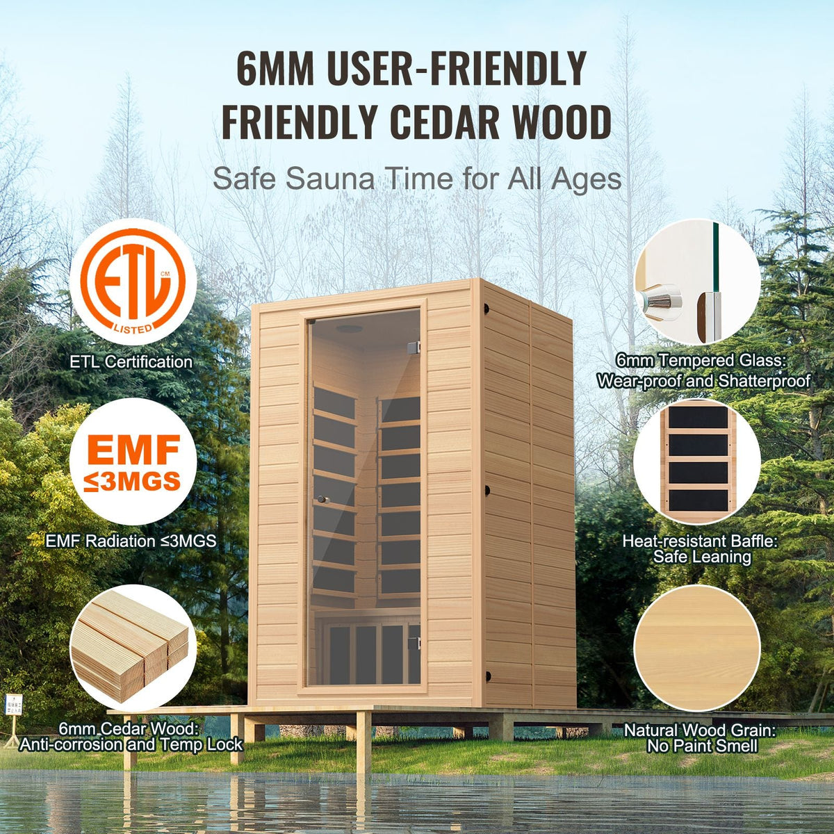 Far Infrared Wooden Sauna, Room Home Sauna Spa for 2 Person, Low EMF Far Infrared Hemlock Wood Saunas with Tempered Glass Door & 2 Bluetooth Speakers, 1800W Indoor Use