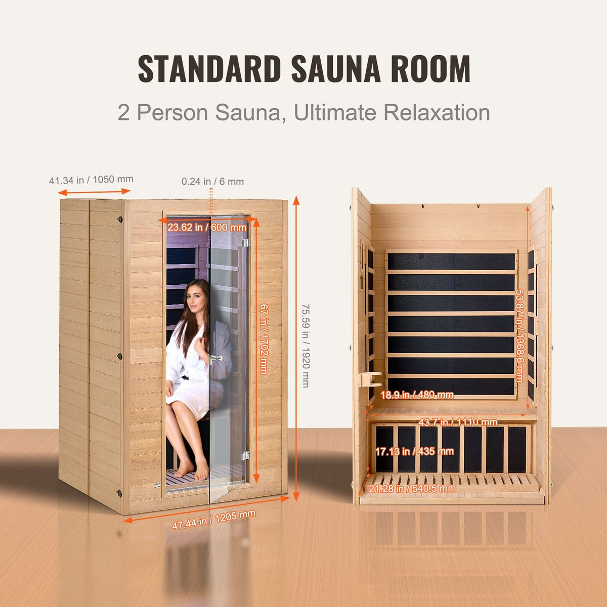 Far Infrared Wooden Sauna, Room Home Sauna Spa for 2 Person, Low EMF Far Infrared Hemlock Wood Saunas with Tempered Glass Door & 2 Bluetooth Speakers, 1800W Indoor Use