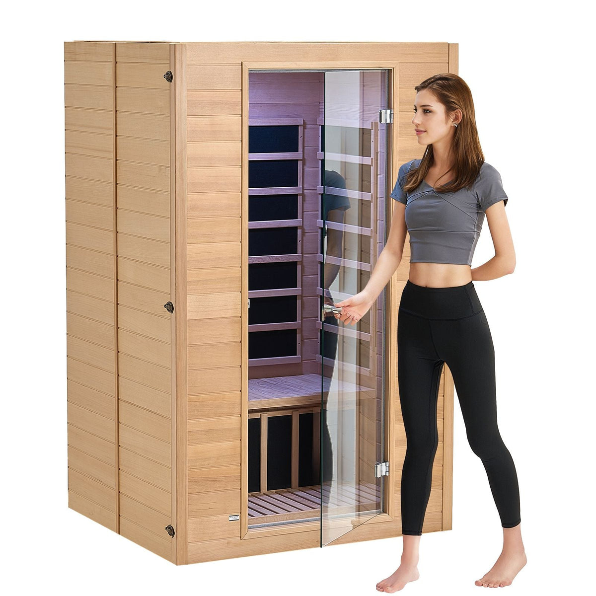 Far Infrared Wooden Sauna, Room Home Sauna Spa for 2 Person, Low EMF Far Infrared Hemlock Wood Saunas with Tempered Glass Door & 2 Bluetooth Speakers, 1800W Indoor Use
