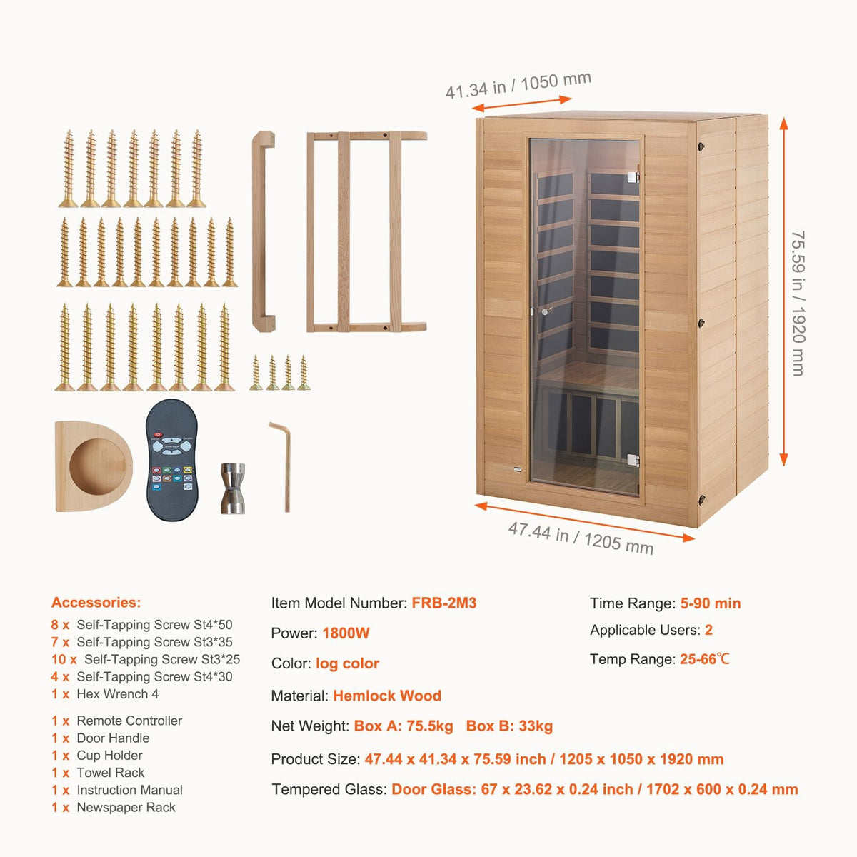 Far Infrared Wooden Sauna, Room Home Sauna Spa for 2 Person, Low EMF Far Infrared Hemlock Wood Saunas with Tempered Glass Door & 2 Bluetooth Speakers, 1800W Indoor Use