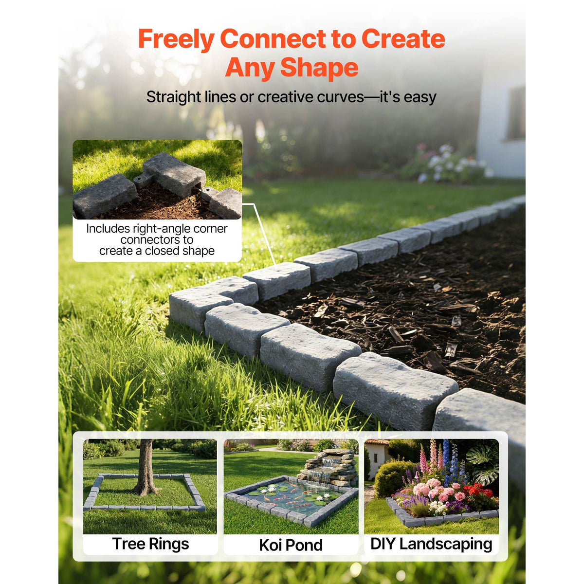 Faux Stone Landscape Edging, 15.5 ft Kit, No Dig Garden Edging Border, Blocks for Lawn, Flower Beds, Yard, 4 Pack Each Section Has 6 Bricks 46.46"L x 3.74"W x 2.24"H, 16 Spikes & 4 Corners, Gray