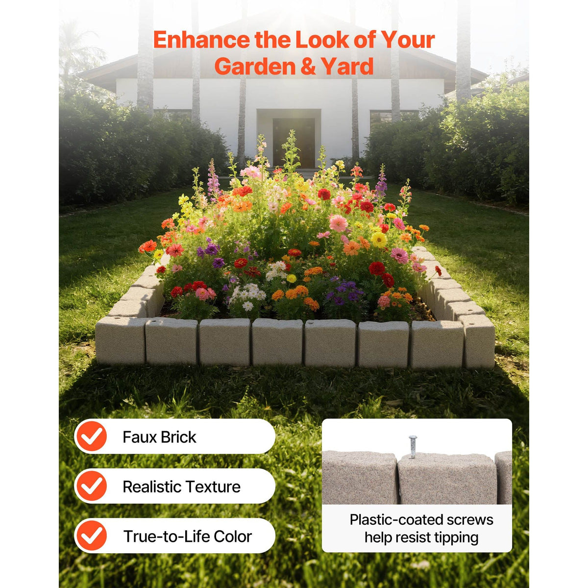 Faux Stone Landscape Edging, 15.5 ft Kit, No Dig Garden Edging Border, Blocks for Lawn, Flower Beds, Yard, 4 Pack Each Section Has 6 Bricks 46.85"L x 3.94"W x 6.1"H, 12 Spikes & 4 Corners, Beige