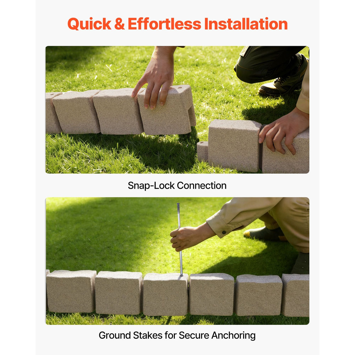 Faux Stone Landscape Edging, 15.5 ft Kit, No Dig Garden Edging Border, Blocks for Lawn, Flower Beds, Yard, 4 Pack Each Section Has 6 Bricks 46.85"L x 3.94"W x 6.1"H, 12 Spikes & 4 Corners, Beige