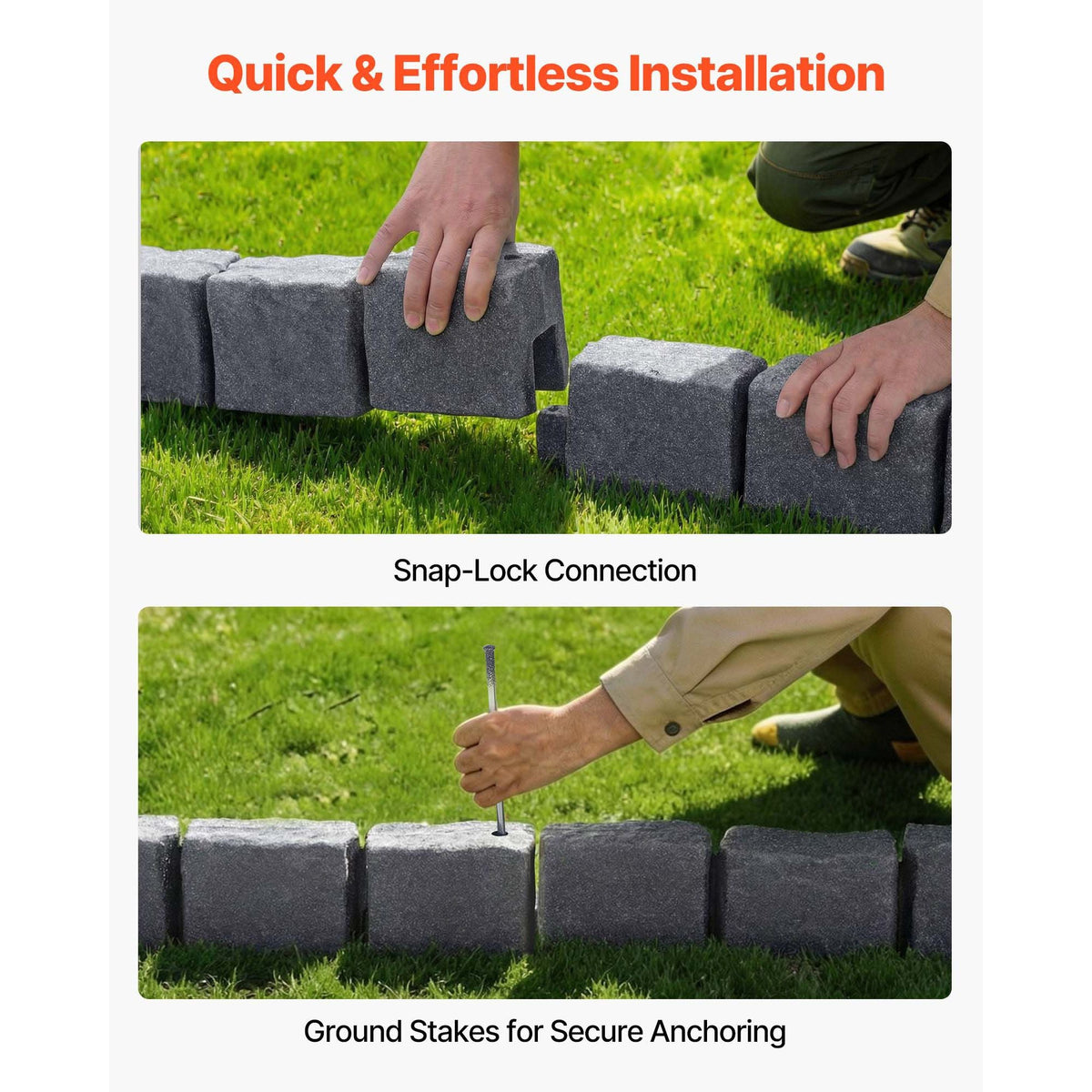 Faux Stone Landscape Edging, 15.5 ft Kit, No Dig Garden Edging Border, Blocks for Lawn, Flower Beds, Yards, 4 Pack Each Section Has 6 Bricks 46.85"L x 3.94"W x 6.1"H, 8 Spikes, Sandstone Gray