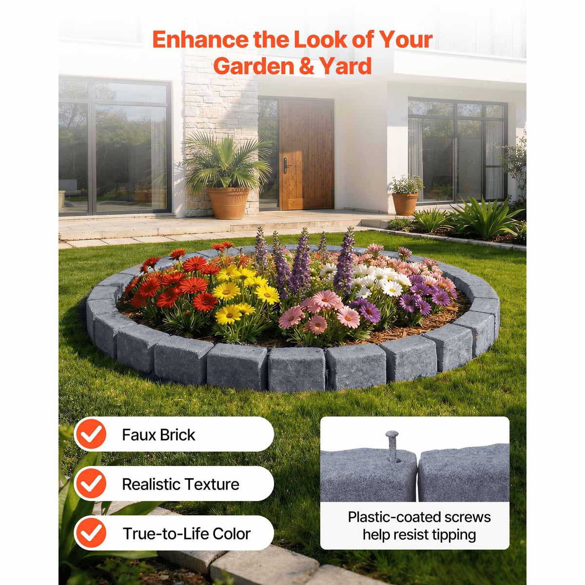 Faux Stone Landscape Edging, 46.85" Kit, No Dig Garden Edging Border, Blocks for Lawn, Flower Beds, Yards, 1 Pack Each Section Has 6 Bricks 46.85"L x 3.94"W x 6.1"H, 3 Spikes, Sandstone Gray