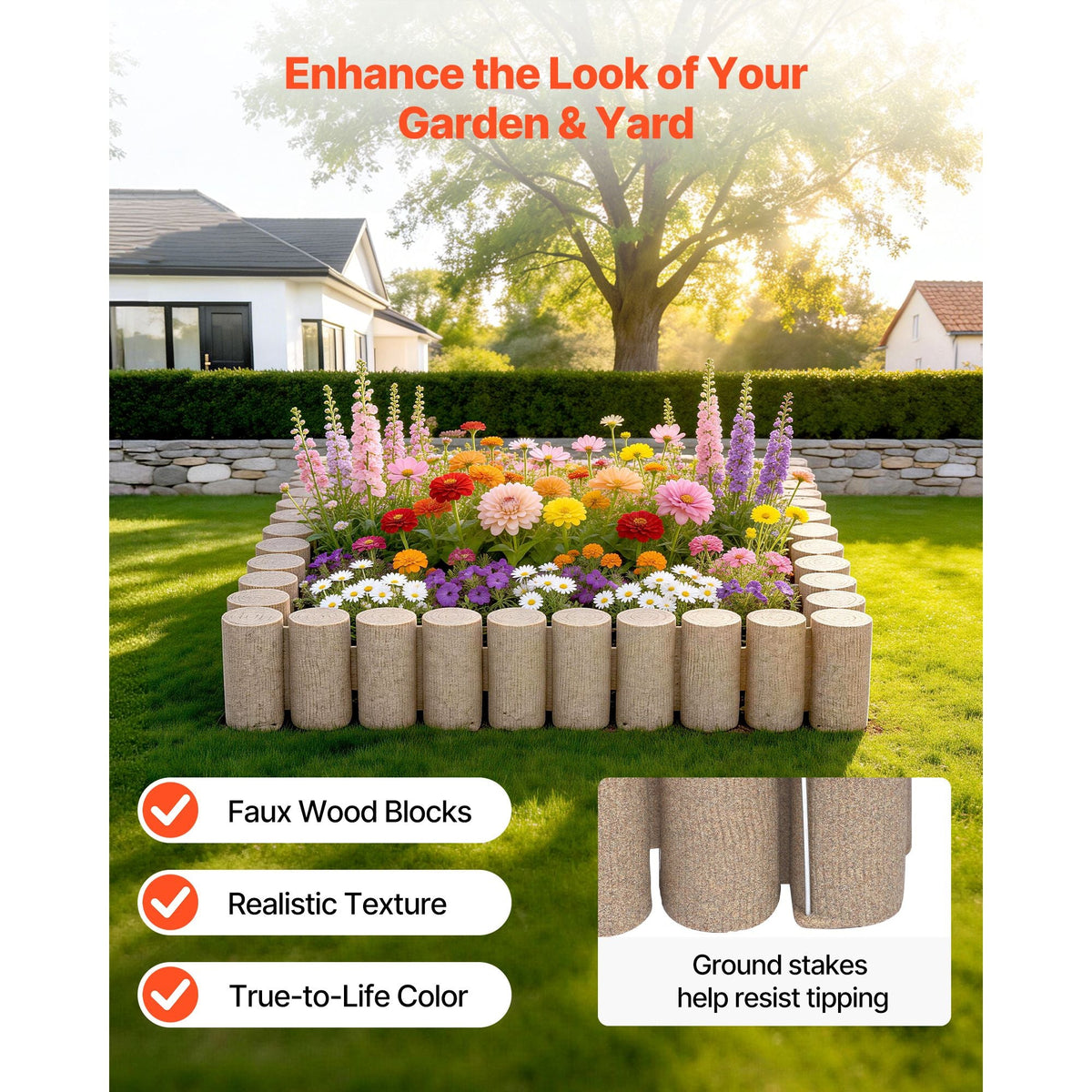 Faux Wood Landscape Edging, 13.7 ft Kit, No Dig Garden Edging Border, Blocks for Lawn, Flower Beds, Pathways, Yards, 4 Pack Each Section Has 10 Logs 41.14"L x 3.74"W x 7.48"H, 32 Spikes, Beige