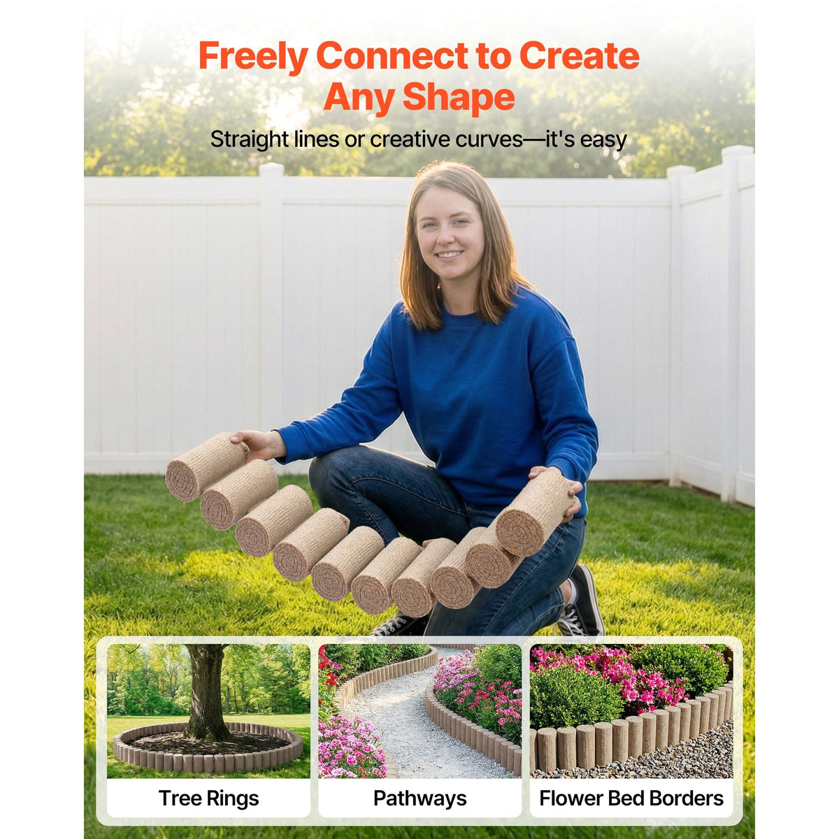 Faux Wood Landscape Edging, 13.7 ft Kit, No Dig Garden Edging Border, Blocks for Lawn, Flower Beds, Pathways, Yards, 4 Pack Each Section Has 10 Logs 41.14"L x 3.74"W x 7.48"H, 32 Spikes, Beige