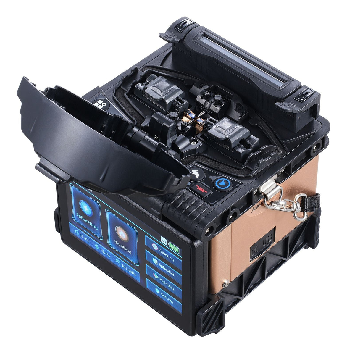 Fiber Fusion Splicer 4 Motors, Clad Alignment Fiber Optic Splicer 6s Splicing & 13s Heating, Fiber Splicer Machine with 5" Touch Screen, 3 in 1 Fiber Holder, 7800mAh Battery for SM MM DS NZDS
