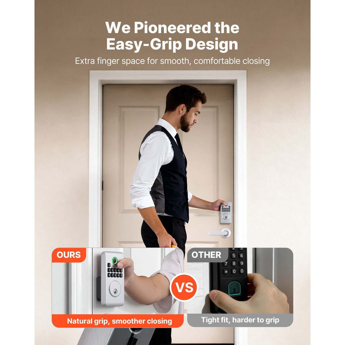 Fingerprint Door Lock Set, Electronic Biometric Deadbolt Keyless Entry Door Lock with Handle, Pioneering Easy-Grip Design, Auto Locking, One-Time Code, Anti-Peeking Password, for Home, Silver