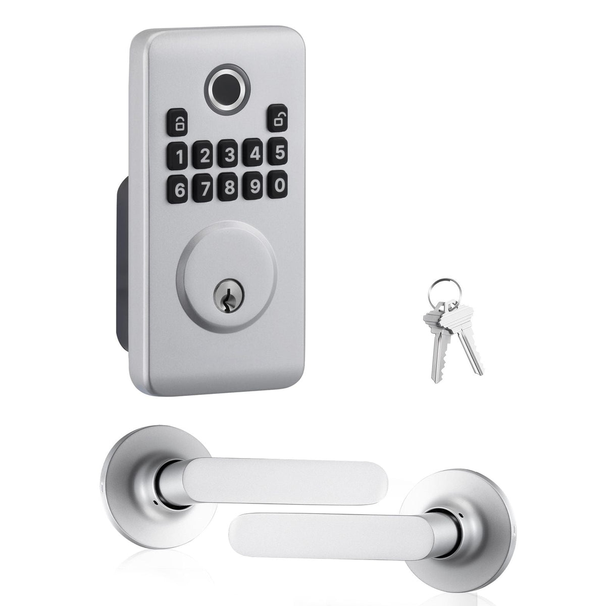 Fingerprint Door Lock Set, Electronic Biometric Deadbolt Keyless Entry Door Lock with Handle, Pioneering Easy-Grip Design, Auto Locking, One-Time Code, Anti-Peeking Password, for Home, Silver