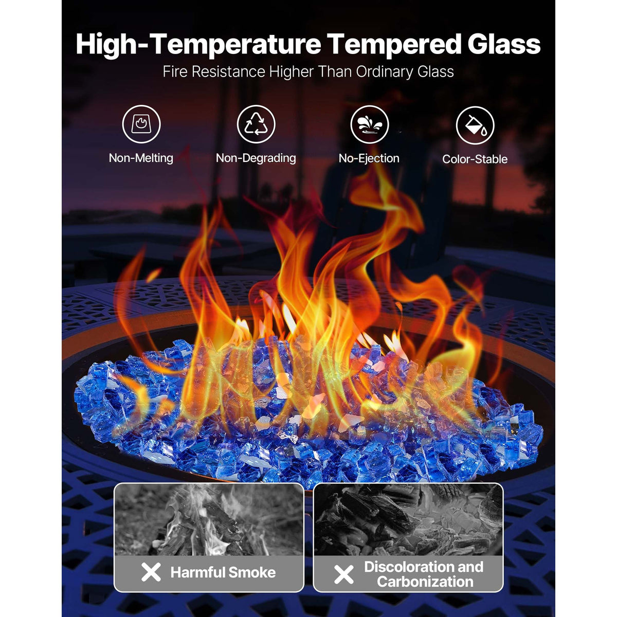 Fire Glass, 10LBS / 4.5KG High-Temperature Resistant Fireplace Rocks, 1/2-Inch / 12.7 mm Reflective & Smokeless Firepit Glass Rock, High Luster Stone Landscaping for Fire Pit Table, Cobalt Blue