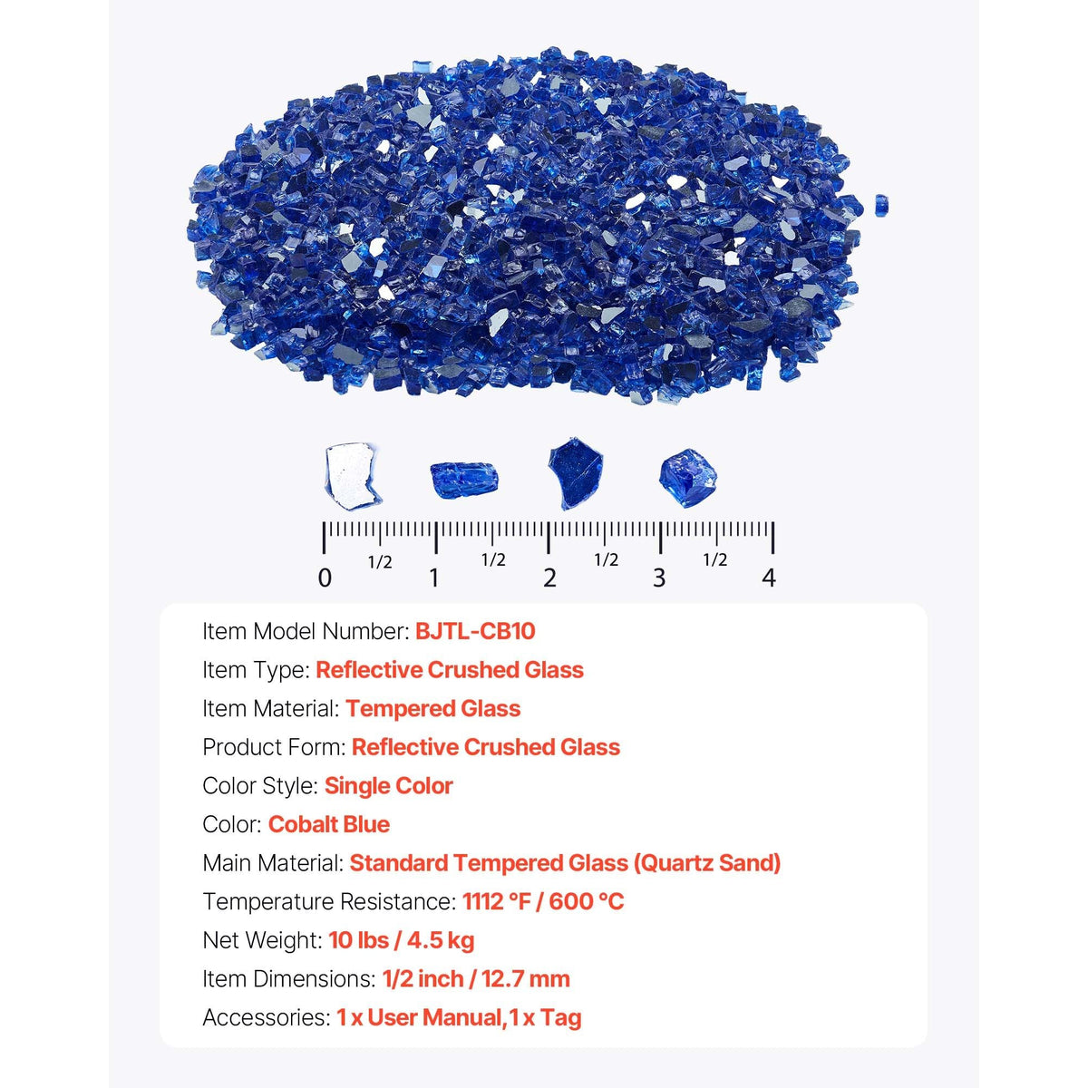 Fire Glass, 10LBS / 4.5KG High-Temperature Resistant Fireplace Rocks, 1/2-Inch / 12.7 mm Reflective & Smokeless Firepit Glass Rock, High Luster Stone Landscaping for Fire Pit Table, Cobalt Blue