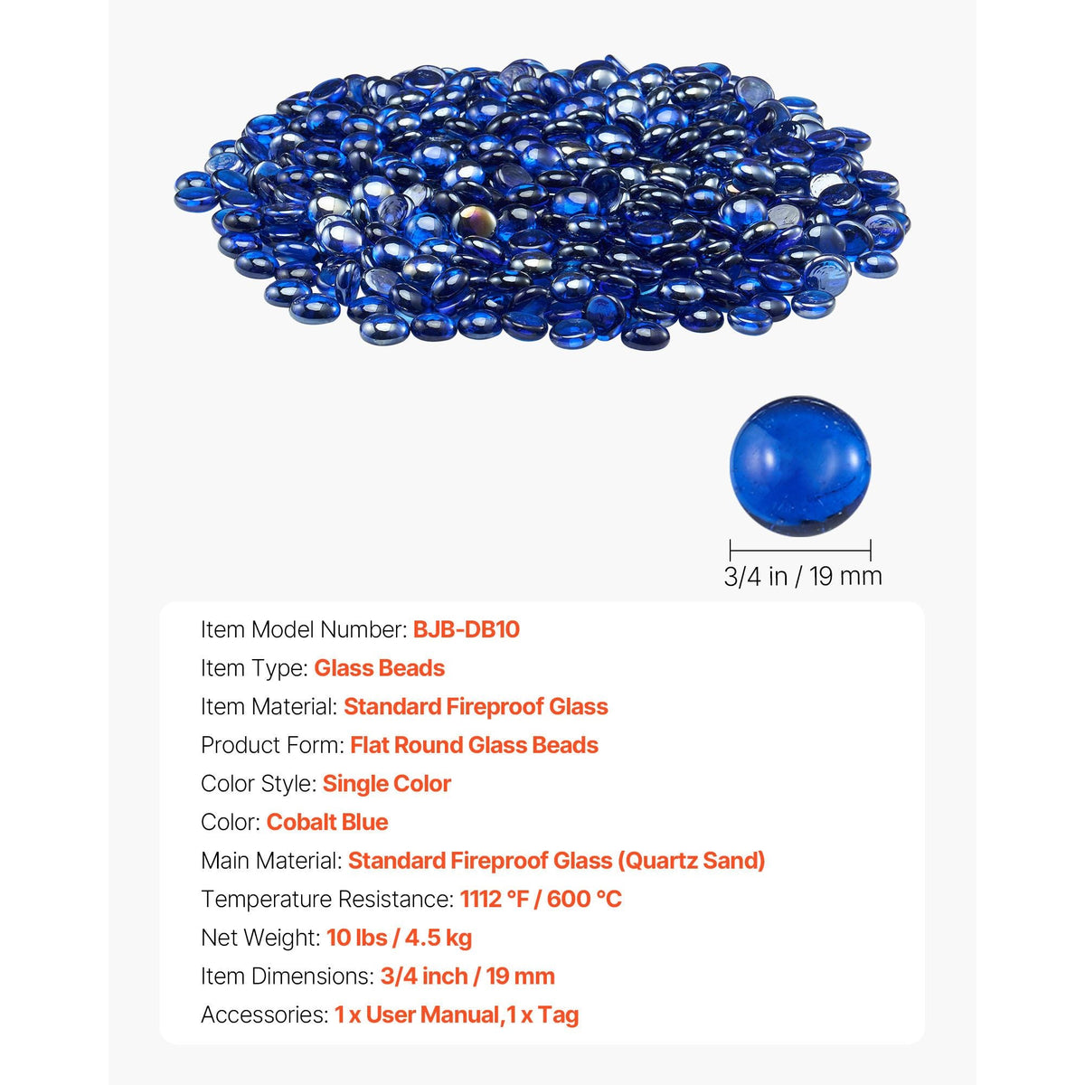 Fire Glass, 10LBS/4.5KG High-Temperature Resistant Fireplace Rocks, 3/4-Inch / 19.05 mm Reflective & Smokeless Firepit Glass Beads, High Luster Stone Landscaping for Fire Pit Table, Cobalt Blue