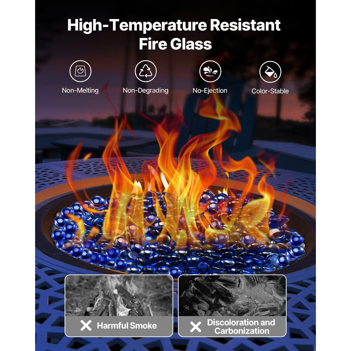 Fire Glass, 10LBS/4.5KG High-Temperature Resistant Fireplace Rocks, 3/4-Inch / 19.05 mm Reflective & Smokeless Firepit Glass Beads, High Luster Stone Landscaping for Fire Pit Table, Cobalt Blue