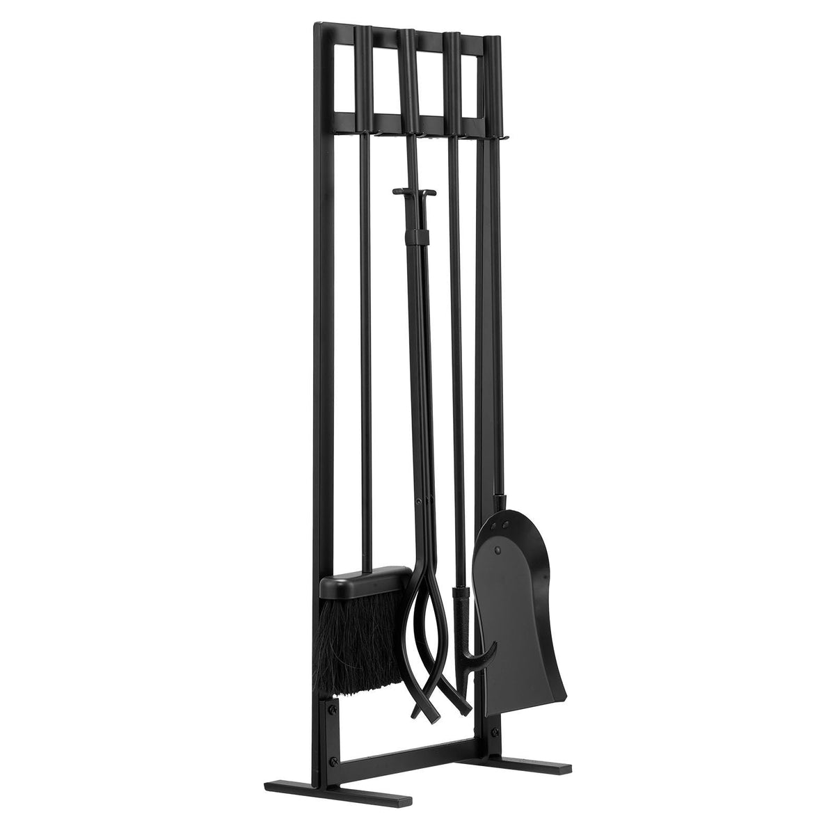 Fireplace Tool Set, 5 PCS Fire Tool Set and Holder with Square-Frame Stand, Tongs, Ash Shovel, Brush, Fire Place Poker, Wrought Iron Steel Fireplace Accessories for Indoor/Outdoor, Black