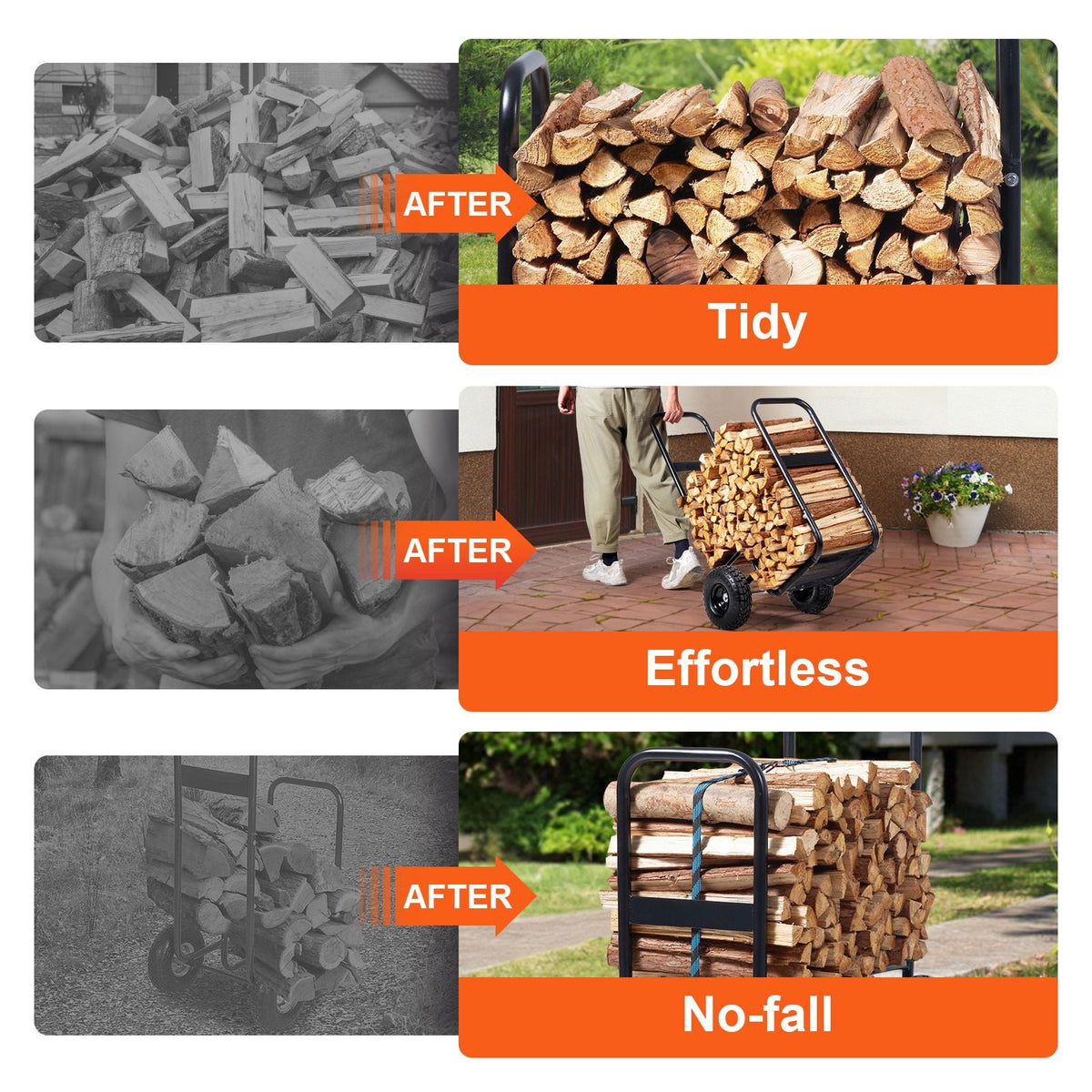 Firewood Log Cart, 250 lbs Load Capacity, Outdoor and Indoor Wood Rack Storage Mover with Pneumatic Rubber Wheels, Heavy Duty Steel Dolly Hauler, Firewood Carrier for Fireplace, Fire Pit, Black