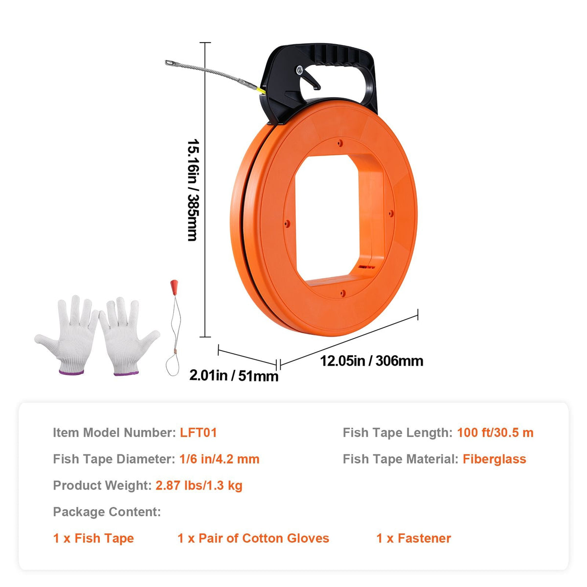 Fish Tape, 100 ft, 1/16-inch, Fiberglass Wire Puller with Optimized Housing and Handle, Easy-to-Use Cable Puller Tool, Flexible Wire Fishing Tools for Wall and Electrical Conduit, Non-Conductive