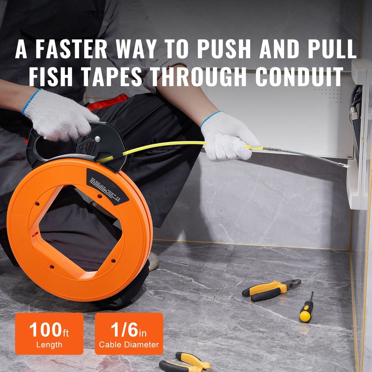 Fish Tape, 100 ft, 1/16-inch, Fiberglass Wire Puller with Optimized Housing and Handle, Easy-to-Use Cable Puller Tool, Flexible Wire Fishing Tools for Wall and Electrical Conduit, Non-Conductive