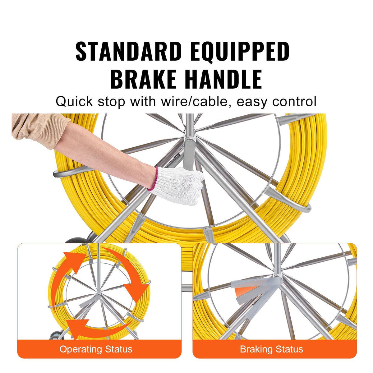 Fish Tape Fiberglass, 656 ft, 5/16 in, Duct Rodder Fishtape Wire Puller, Cable Running Rod with Steel Reel Stand, 3 Pulling Heads, Fishing Tools for Walls and Electrical Conduit, Non-Conductive