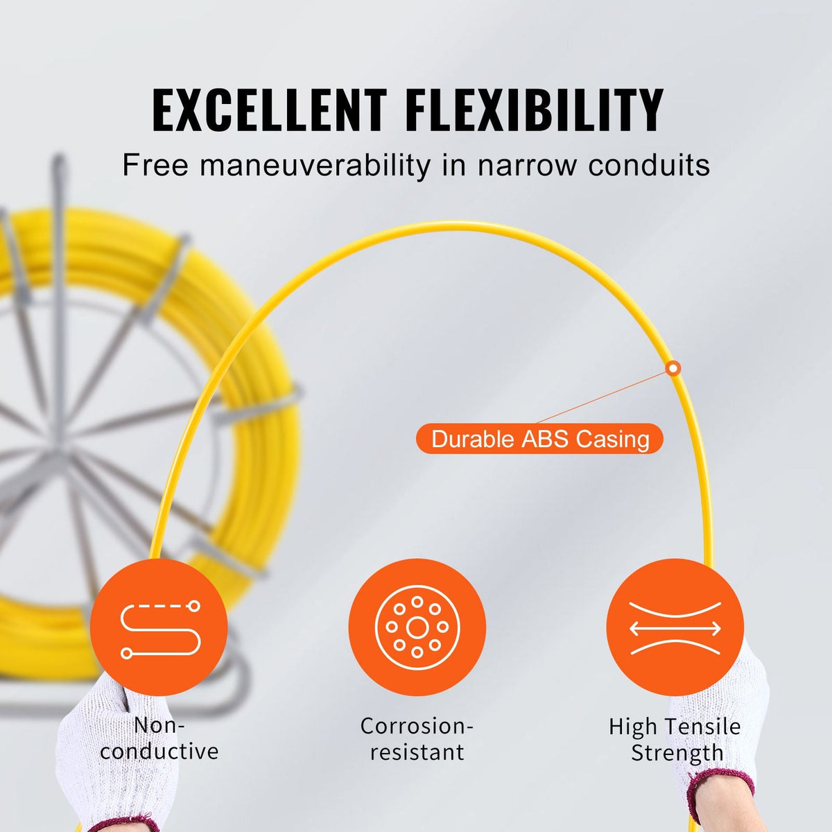 Fish Tape Fiberglass, 656 ft, 5/16 in, Duct Rodder Fishtape Wire Puller, Cable Running Rod with Steel Reel Stand, 3 Pulling Heads, Fishing Tools for Walls and Electrical Conduit, Non-Conductive
