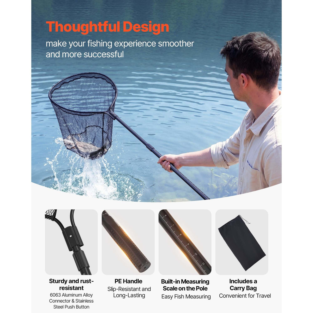 Fishing Net, Landing Nets with Telescopic Handle, Portable Lightweight Stronger 6063 Aluminum Fish Gear, Nylon Covered PVC, Durable and Fish-friendly, 26 inch Net Opening for Saltwater Bait Fish