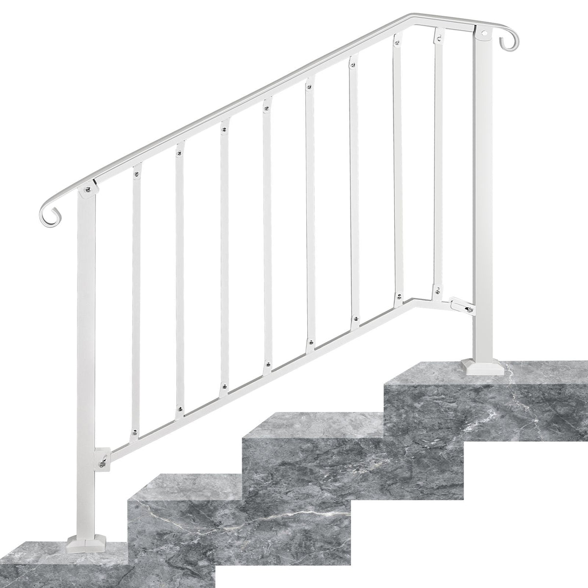 Fit 3 or 4 Steps Outdoor Stair Railing, Handrails for Outdoor Steps, Picket#3 Wrought Iron Handrail, Flexible Porch Railing, White Transitional Handrails for Concrete Steps or Wooden Stairs