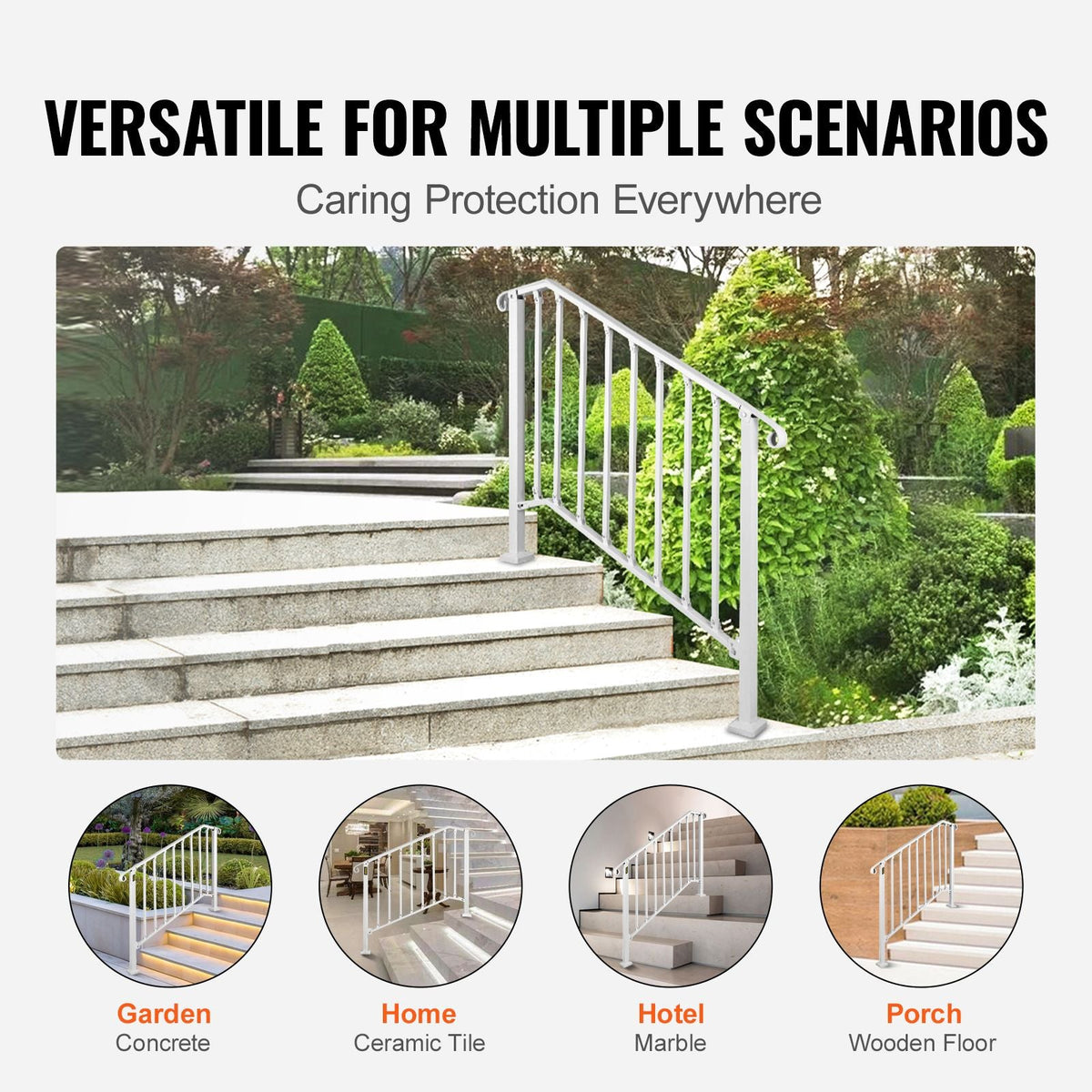 Fit 3 or 4 Steps Outdoor Stair Railing, Handrails for Outdoor Steps, Picket#3 Wrought Iron Handrail, Flexible Porch Railing, White Transitional Handrails for Concrete Steps or Wooden Stairs