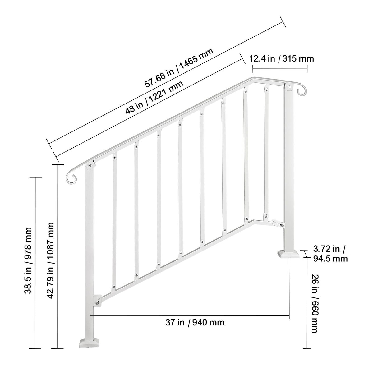 Fit 3 or 4 Steps Outdoor Stair Railing, Handrails for Outdoor Steps, Picket#3 Wrought Iron Handrail, Flexible Porch Railing, White Transitional Handrails for Concrete Steps or Wooden Stairs