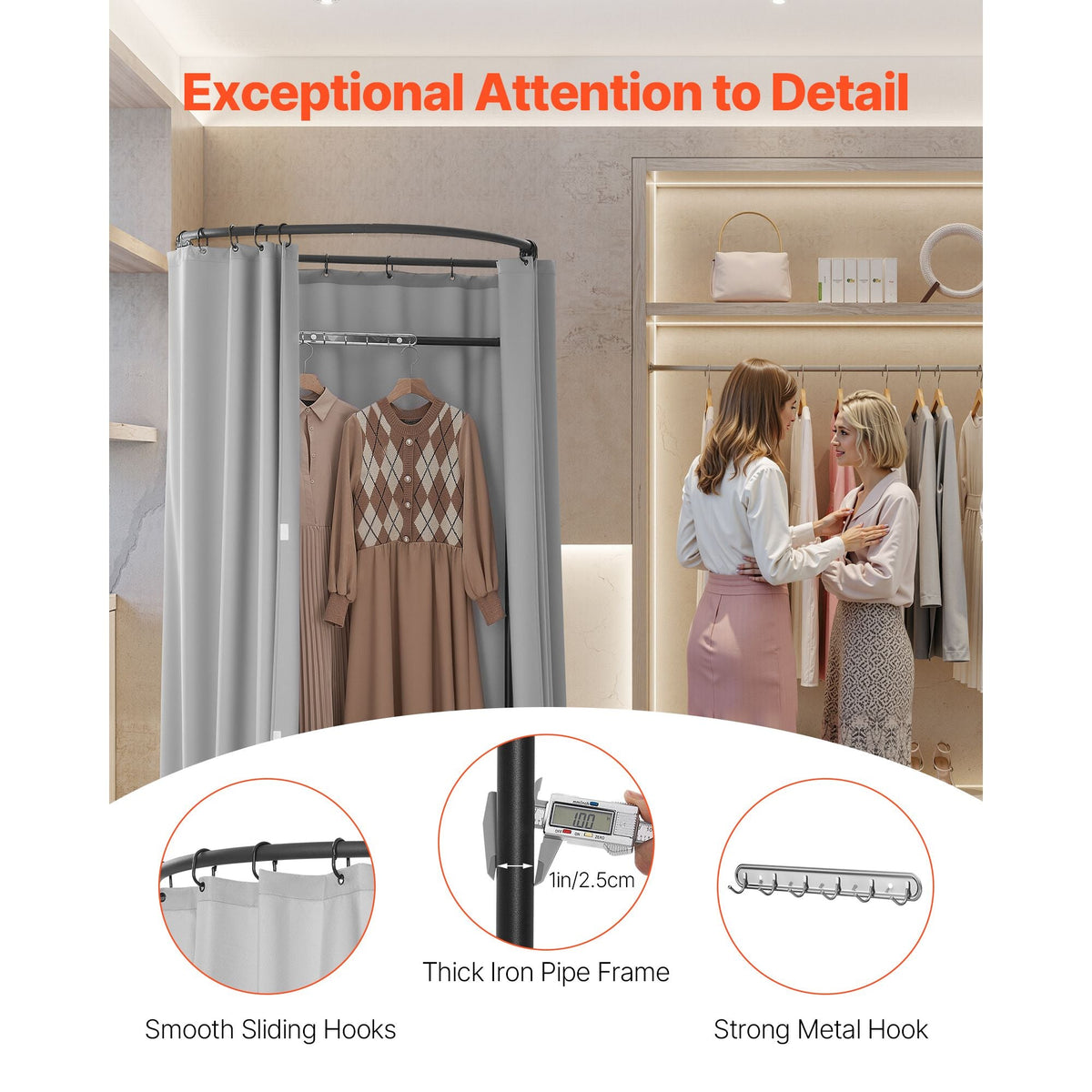 Fitting Room, Dressing Room with Thick Polyester Curtains, Privacy Space with Shading Curtain and a Hook, for Boutique, Mall, Tailor's Store & Outdoor 39 x 37 x 79 in (Black and Gray-White)