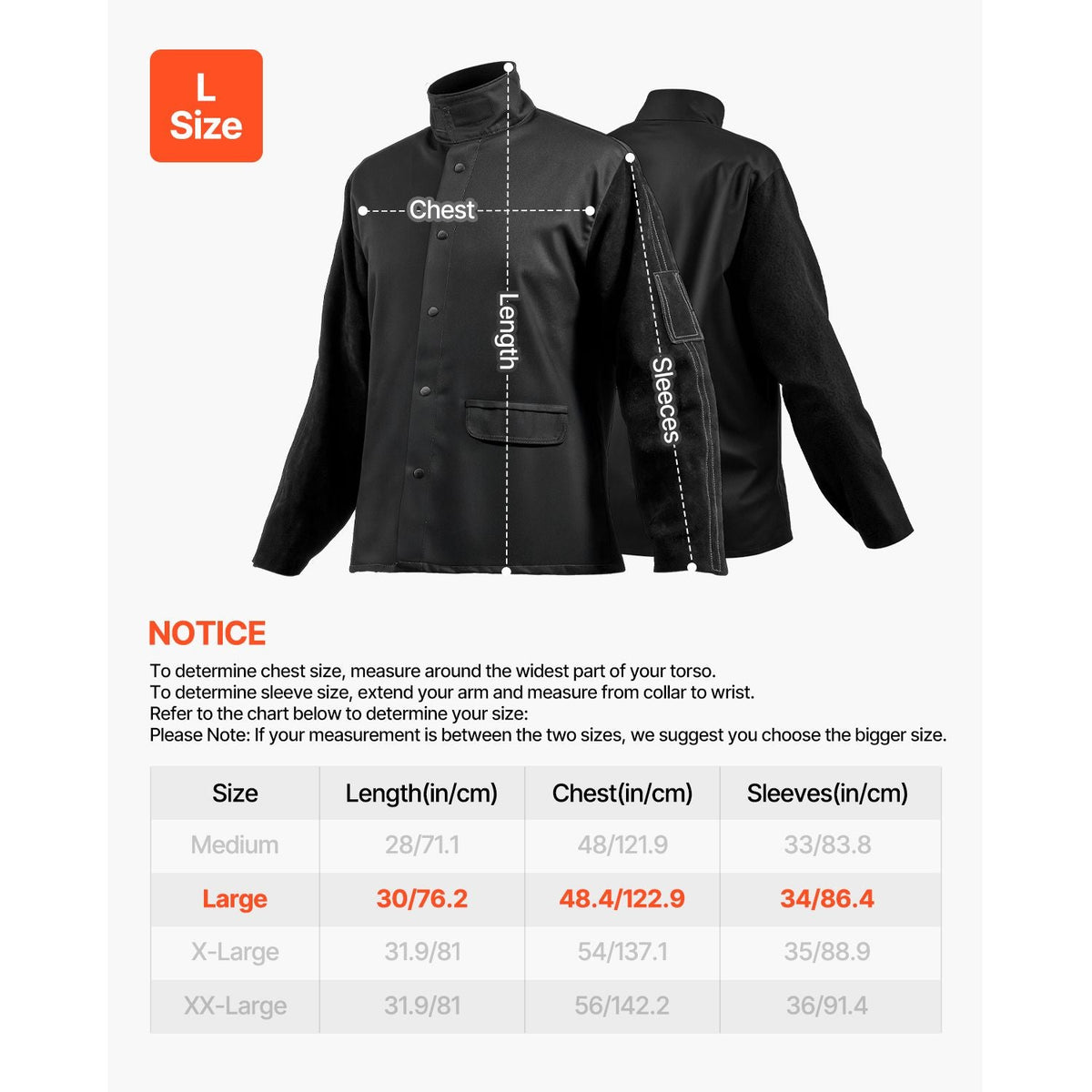 Flame-Resistant Welding Jacket - L Size, Heavy Duty Split Cowhide Leather Sleeve + 9 oz. FR Cotton Body, Heat-Resistant Welding Safety Jacket with Snap Buttons & Pockets, Ideal for Welder Fitter
