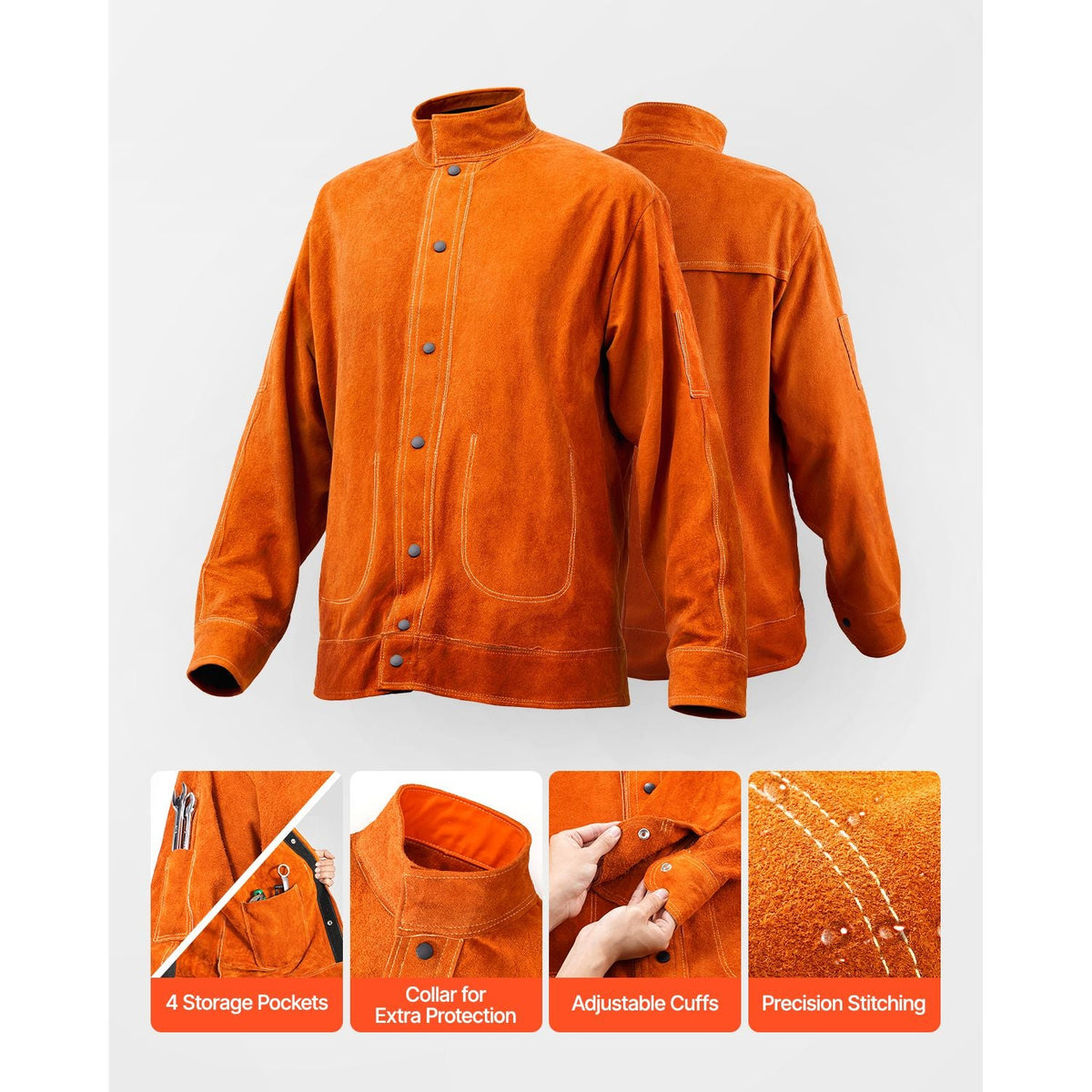 Flame-Resistant Welding Jacket - XL Size, Heavy Duty Cowhide Leather Welding Jacket, Waterproof Heat-Resistant Safety Jacket with Snap Buttons, 4 Pockets & Adjustable Cuffs for Welder Steelworks
