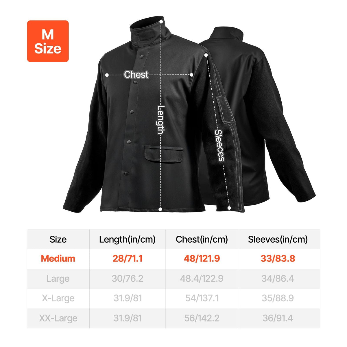 Flame Resistant Welding Jacket, Heavy Duty Split Cowhide Leather Sleeves + 9 oz. FR Pure Cotton Body, Heat-Resistant Welding Safety Jacket for Welder Fitters - M Size