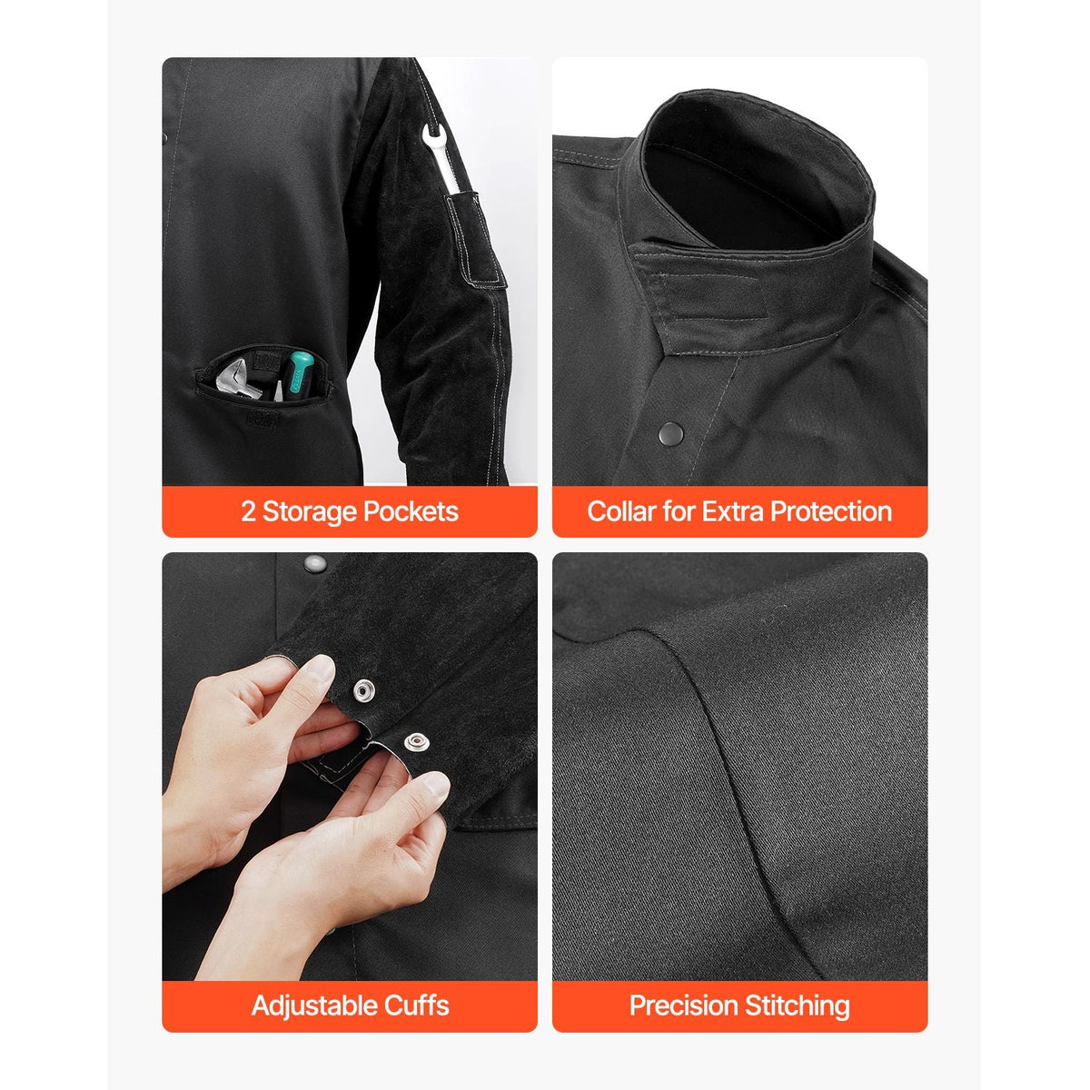 Flame Resistant Welding Jacket, Heavy Duty Split Cowhide Leather Sleeves + 9 oz. FR Pure Cotton Body, Heat-Resistant Welding Safety Jacket for Welder Fitters - M Size